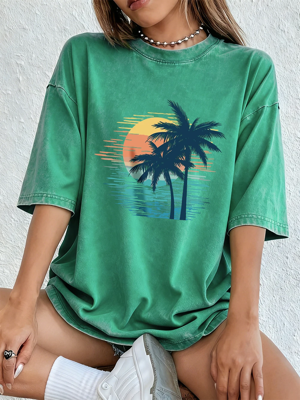 Sonnenuntergang Kokospalmen-Szene Baumwoll-Washed-T-Shirts für Damen – Sommerliche Basic Oversized Oberteile, bequem, weich, Distressed, O-Neck Streetwear – Detail 12