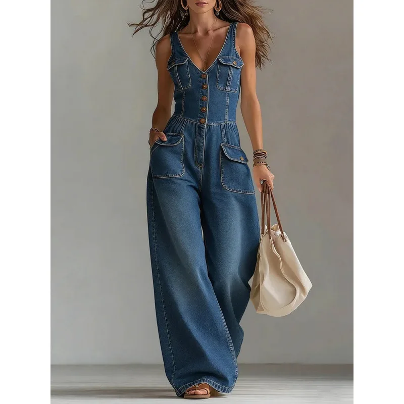 

2026 Smart Waist Washing Denim Jumpsuit Straight Loose Sleeveless Overall Women's Formal Evening Gowns Outfits Party Lace