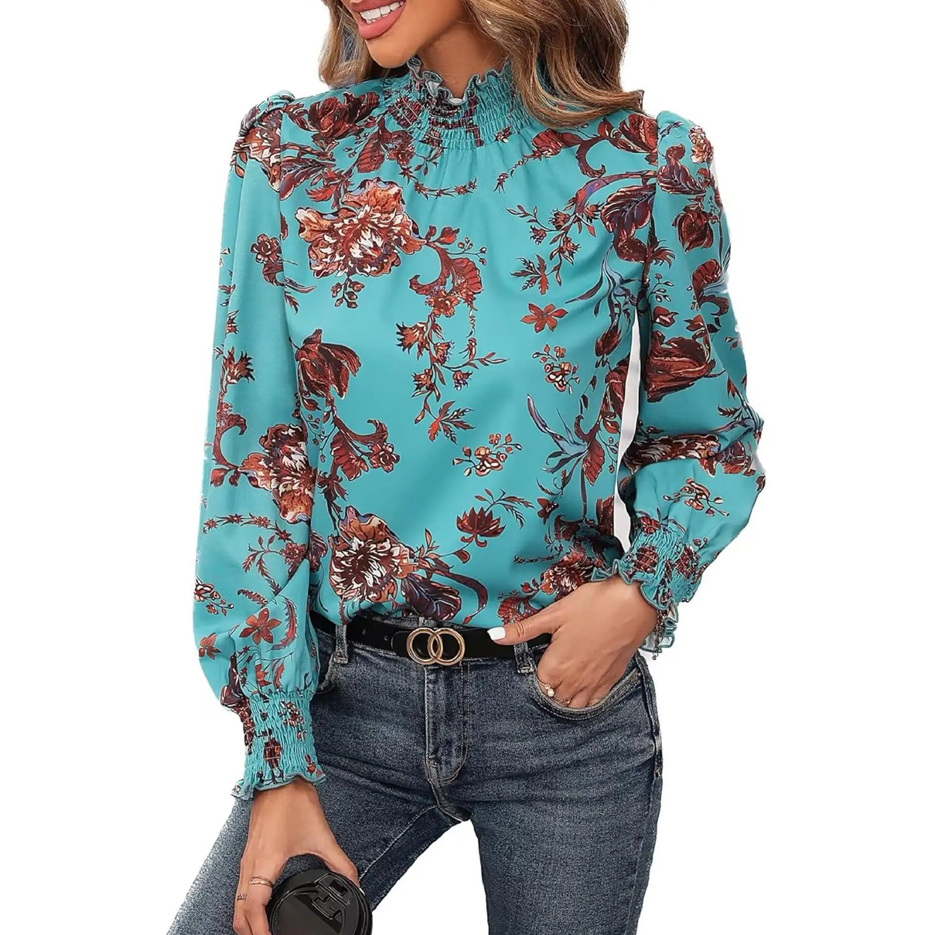 Bedrucktes irt Long Sve Loose Fit Polyester Geometrisches Muster Pendeln Sle Faionable Top für Damen