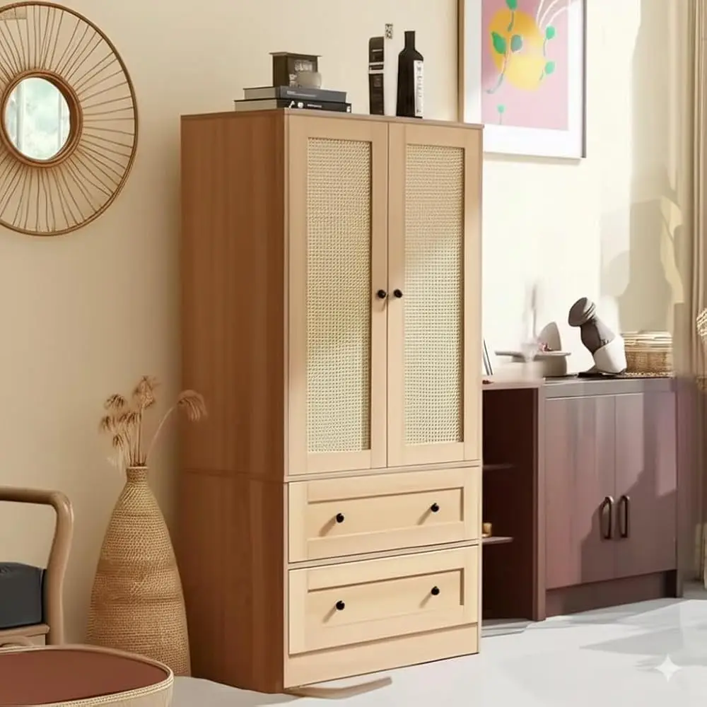 Rattan Oak Kitchen Pantry, Storage Cabinet With Adjustable Shelf For Living Room, Kitchen