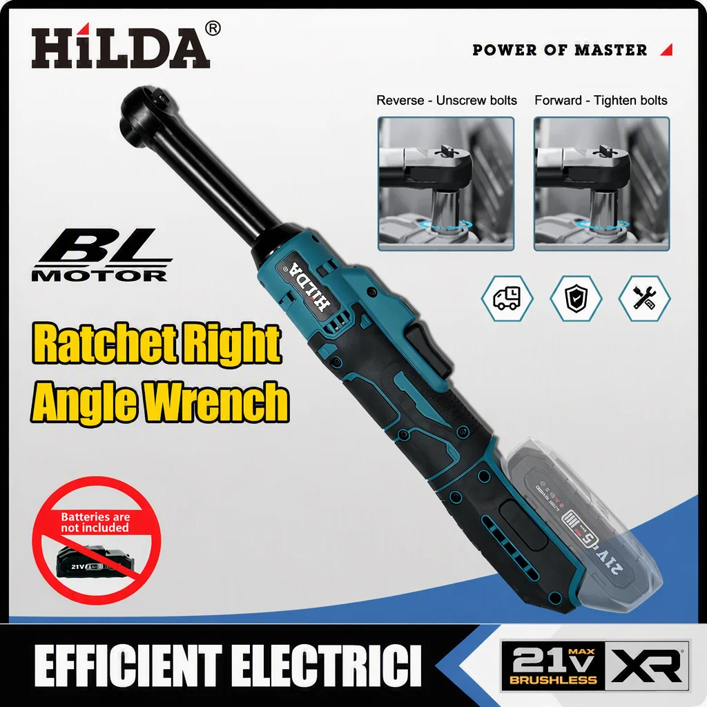 HILDA Cordless Ratchet Wrench 3/8 Inch 105N·M Brushless Electric Right‑Angle Wrench Power Tool For Auto Mechanic Repair