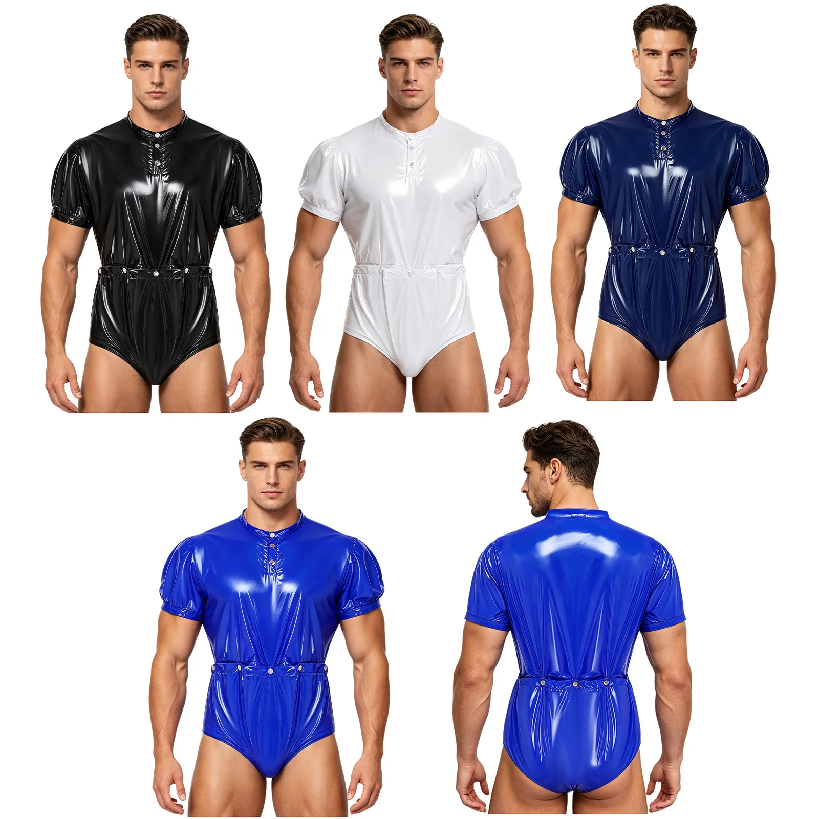 

Swimwea Mens Glossy Waterproof Diaper Cover Bodysuit Romper Short Sleeve Jumpsuit Adaptive Short Sleeve Buttoned Waist Bottoms
