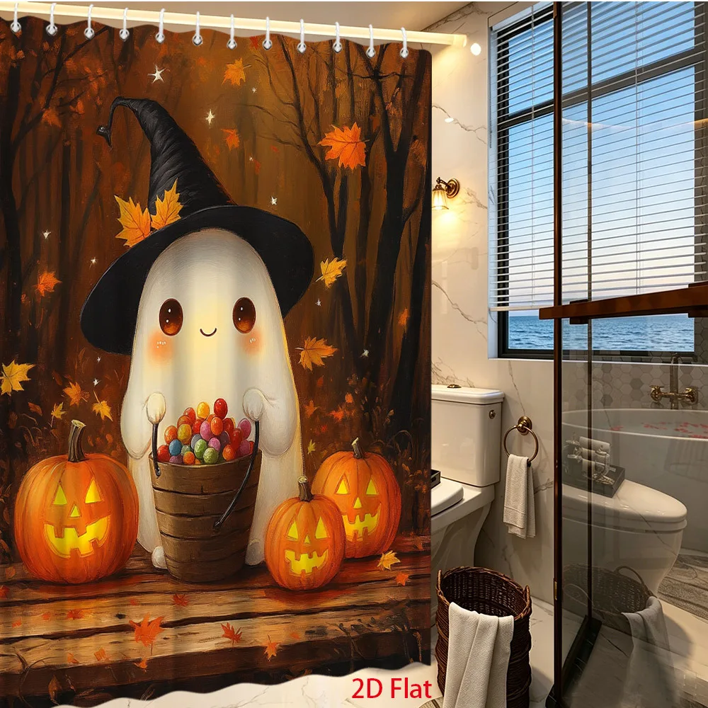 2D Flat, 1pc 2D Flat Halloween Shower Curtain Adorable Ghost with Pumpkin And Candy Fall Decor, Cute Character Design for Bathro