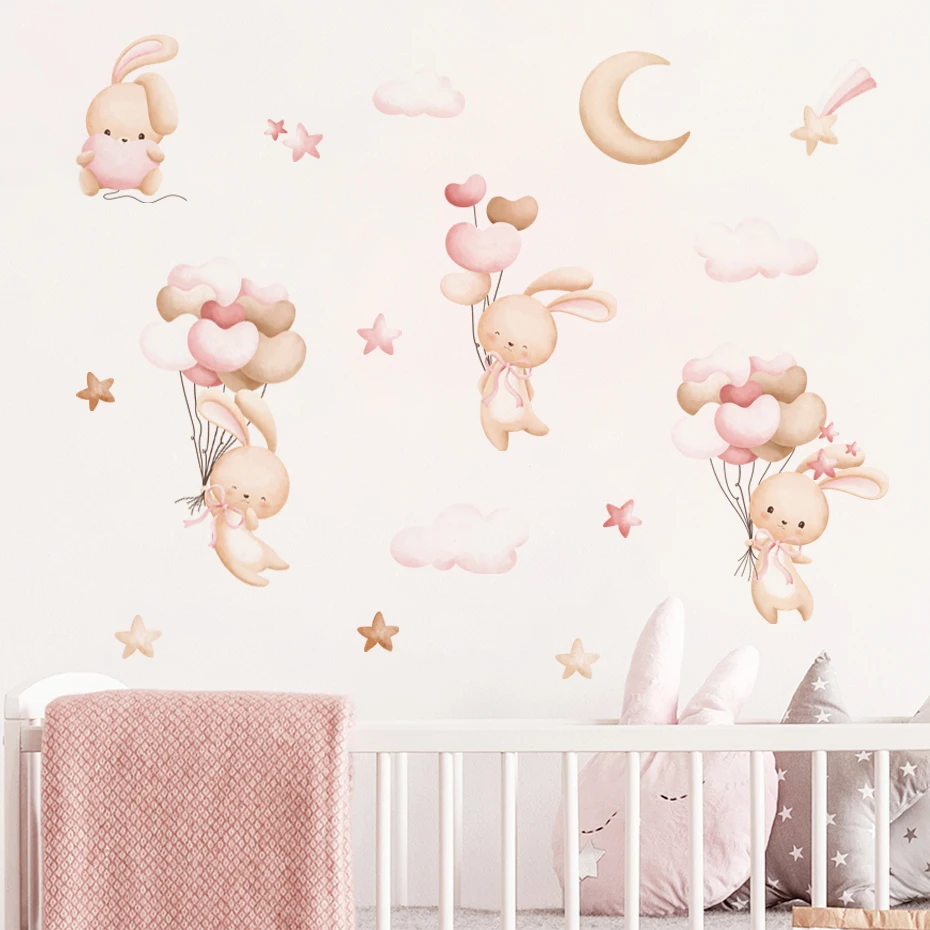 

Pink Cartoon Bunny Moon Clouds Stars Watercolor Nursery Stickers Vinyl Children Wall Decals Art Print Kids Girls Room Home Decor