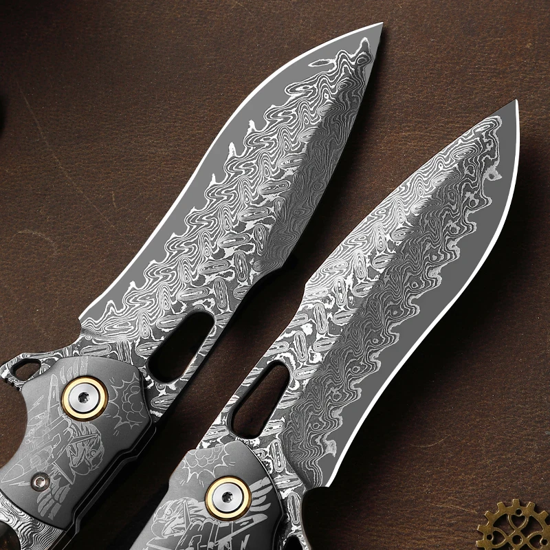Damascus Steel Folding Pocket Knife, Resin+Maple wood，Leather Sheath，Outdoor Camping,Survival Tool, Collector's Grade Gift Knife view 3