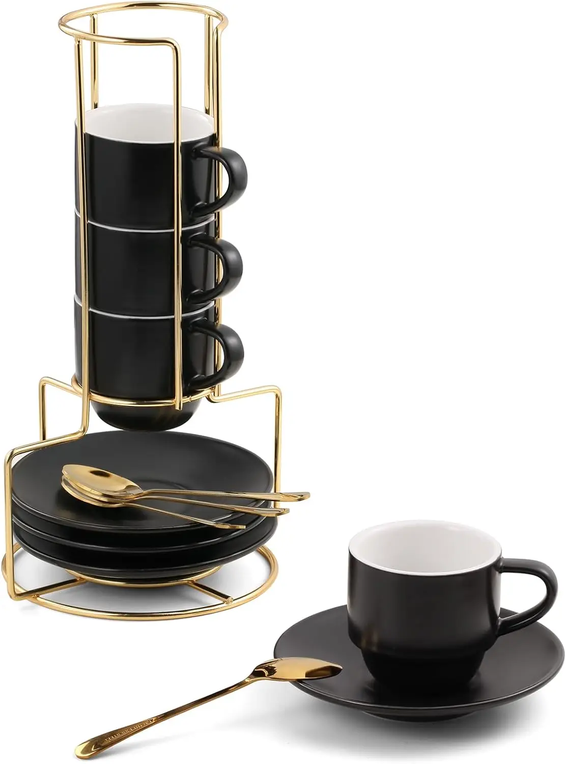 

3-Ounce Espresso Cups Set of 4, Small Stackable Coffee Cups with Saucers, Spoons and Metal Stand, Ceramic Demitasse Mugs