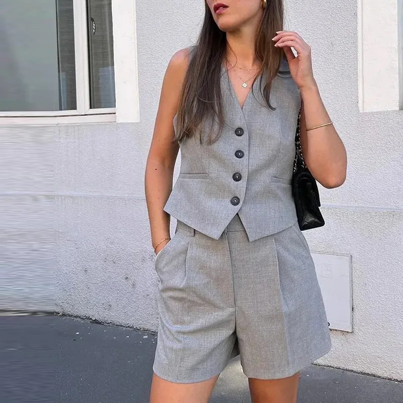 TRAF Two Piece Suit Woman Shorts Sets Sleeveless Women\'s Formal Vest Top Pleated Grey Casual Shorts Sets Women 2 Piece Outfit