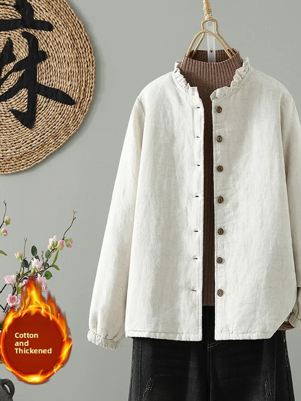 

Authentic Thiened Cotton Jaet with Wooden Collar Linen Color Winter New Sle Women's Comfortable Long Sve ...