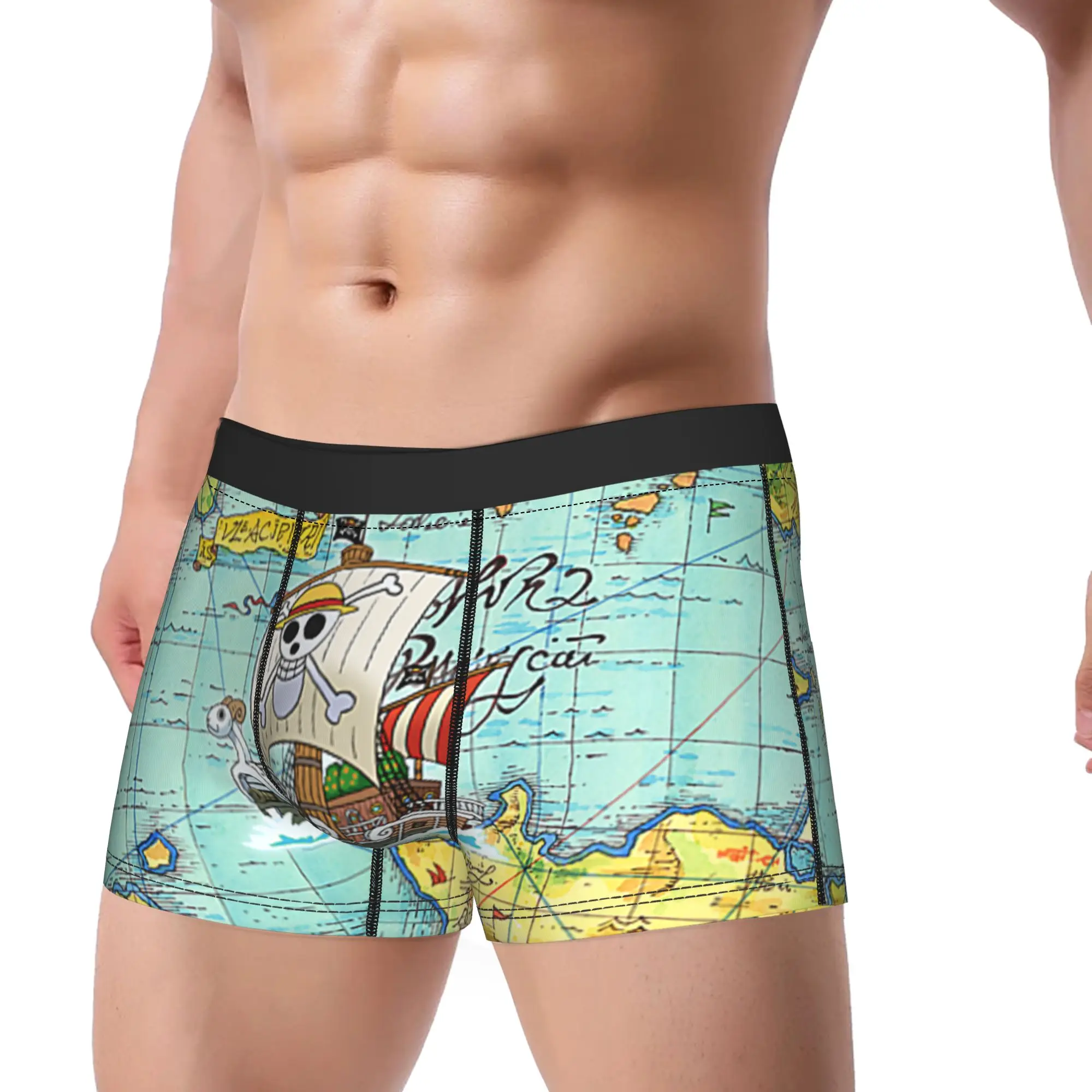 One Piece Anime Open Seas Pirate Map Photo Underpants Homme Panties Men Underwear Ventilate Shorts Boxer Briefs