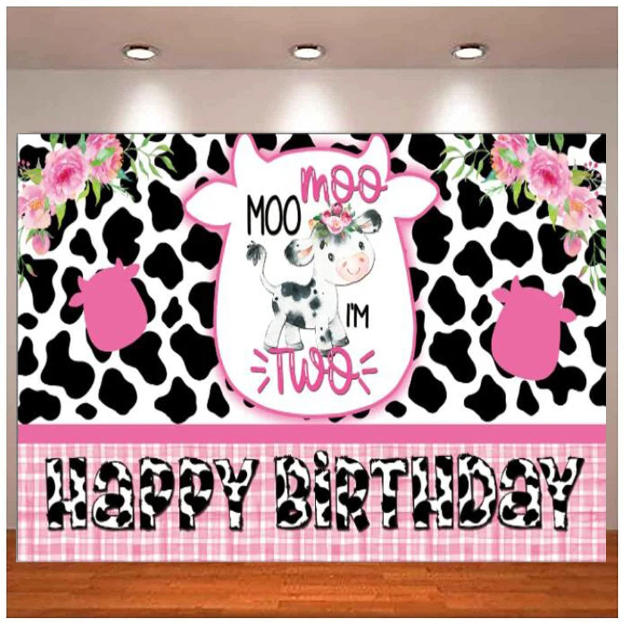 

Baby Photography Backdrop Moo Moo I'm Two 2nd Birthday Background Banner Decoration Farm Animals Cow Party Supplies For Girls