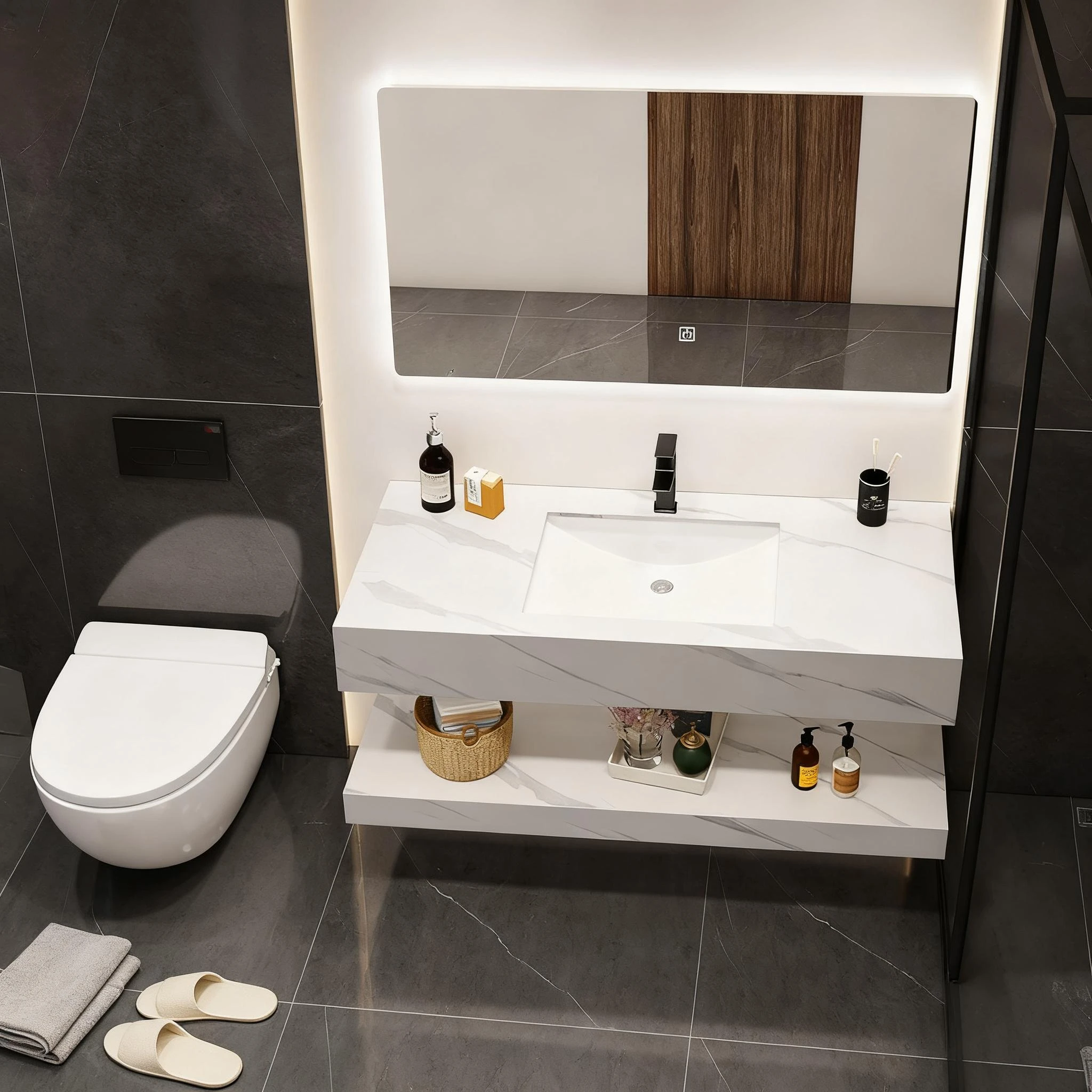 Luxury Modern Hotel Apartment Bathroom Furniture Sets Plywood Cabinets Ceramic Basins Smart Mirrors Wall-mounted Vanity Combo 5
