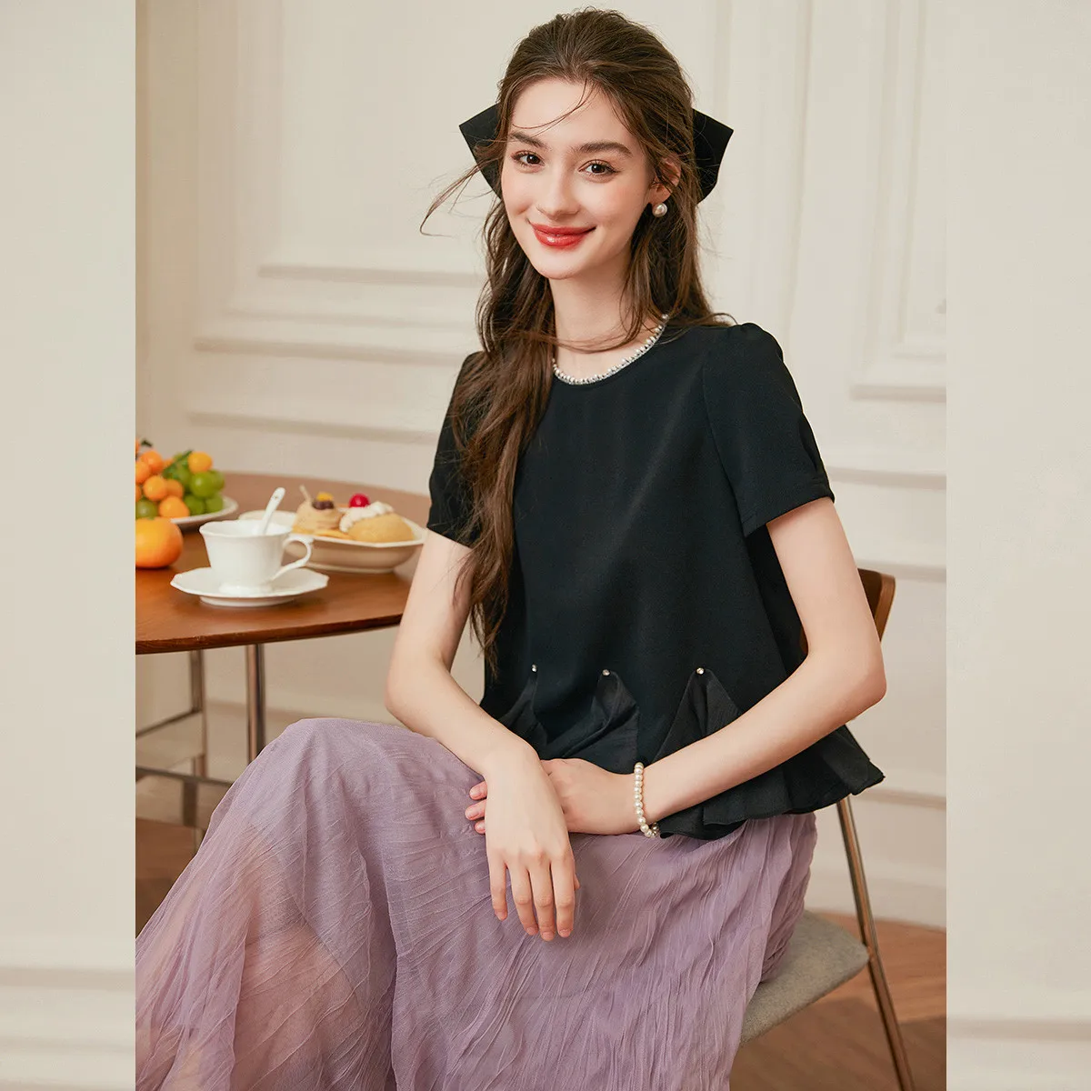 LOUIS YAO Patchwork Blouses 2025 Summer Women's Shirt Sweet Elegant Neckline Bead Chain Lotus Leaf Hem Slim Short Sleeve Shirt