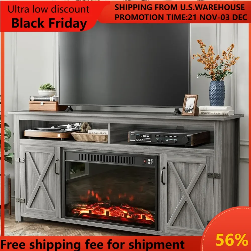 Fireplace TV Stand for Television up to 65+ Inch with Storage and Farmhouse Barn Doors, Entertainment Center with Cabine