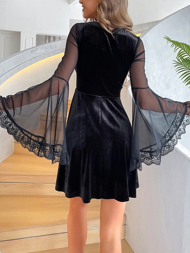 Goth Dark Velvet Elegant Gothic Aesthetic Party Dresses Mesh Flare Sleeve Grunge Vintage Dress Female Ruched V-neck Sexy Outfits