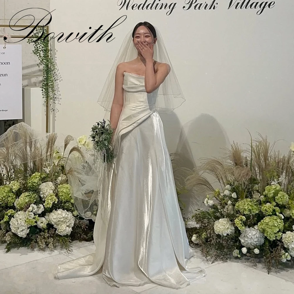 

Bowith Strapless Simple Korea Wedding Dress Customized Outdoor Satin Wedding Dress Prom Dress A-Line Corset Back Bridal Gown