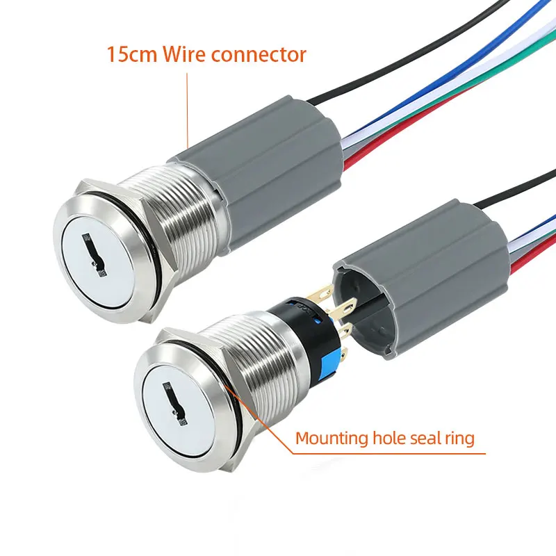 IP67 19mm 3 Pin 6Pin Terminal Push Button Switch With Key Stainless Steel Waterproof Latching Metal Switches With 15cm Wire