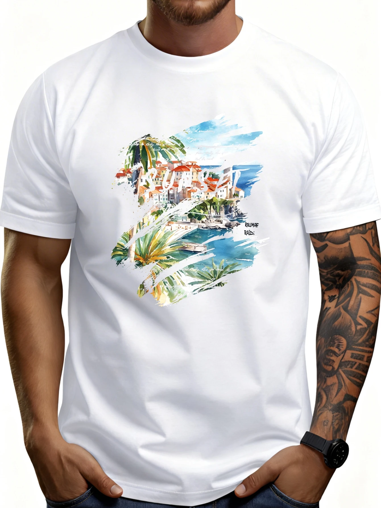 Casual Style Men's T-Shirt Watercolor Seaside Village Scene Summer Wear Gift for Travel Enthusiasts
