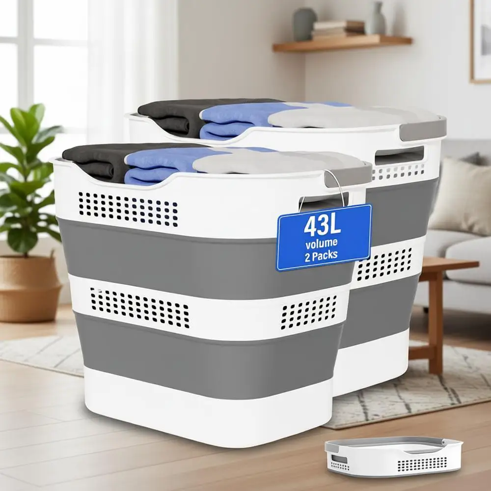 

Collapsible 43L Laundry Baskets, Plastic Storage Containers with Handles, Durable and Space-Saving, Grey (2-Pack)
