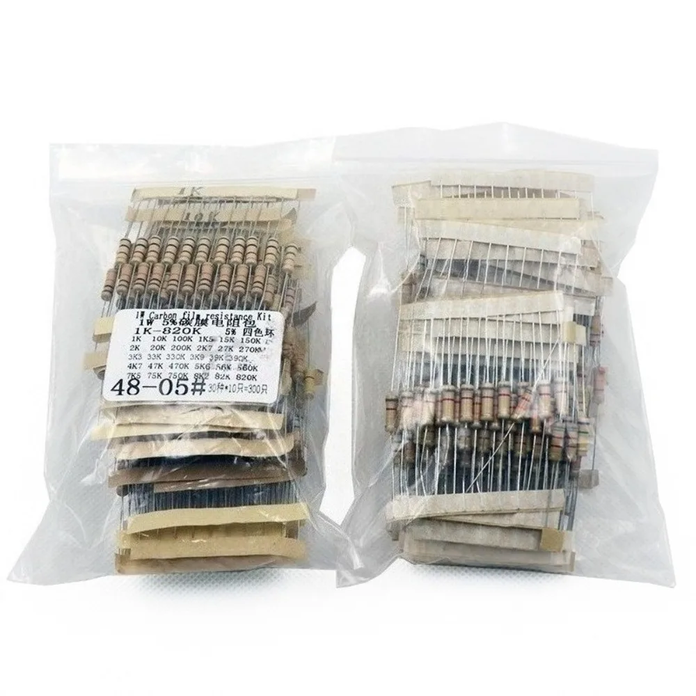 300Pcs 30 Values 1W Carbon Film Resistor Kit 1K to 820K Ohm Common Values Assortment for Circuit Experiment and Electronics Educ