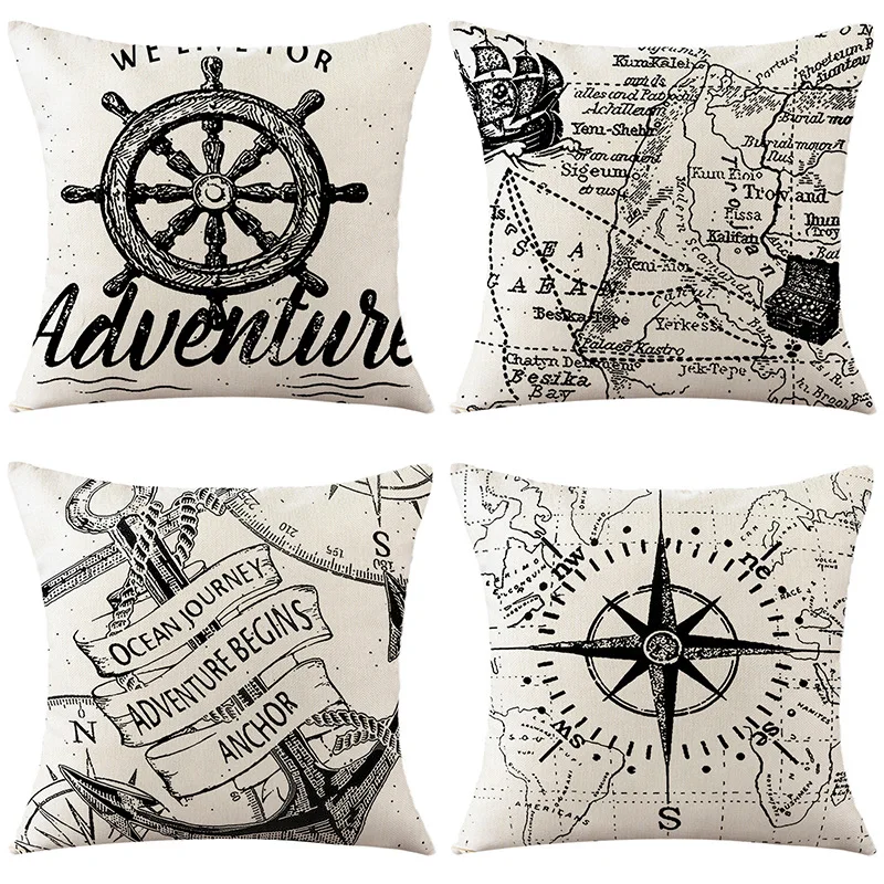 

Nautical Map Cushion Cover Sketch Printed Pillowcase Retro Style Boat Anchor Compass Ocean Pillow Cover Home Decor Pillows Case