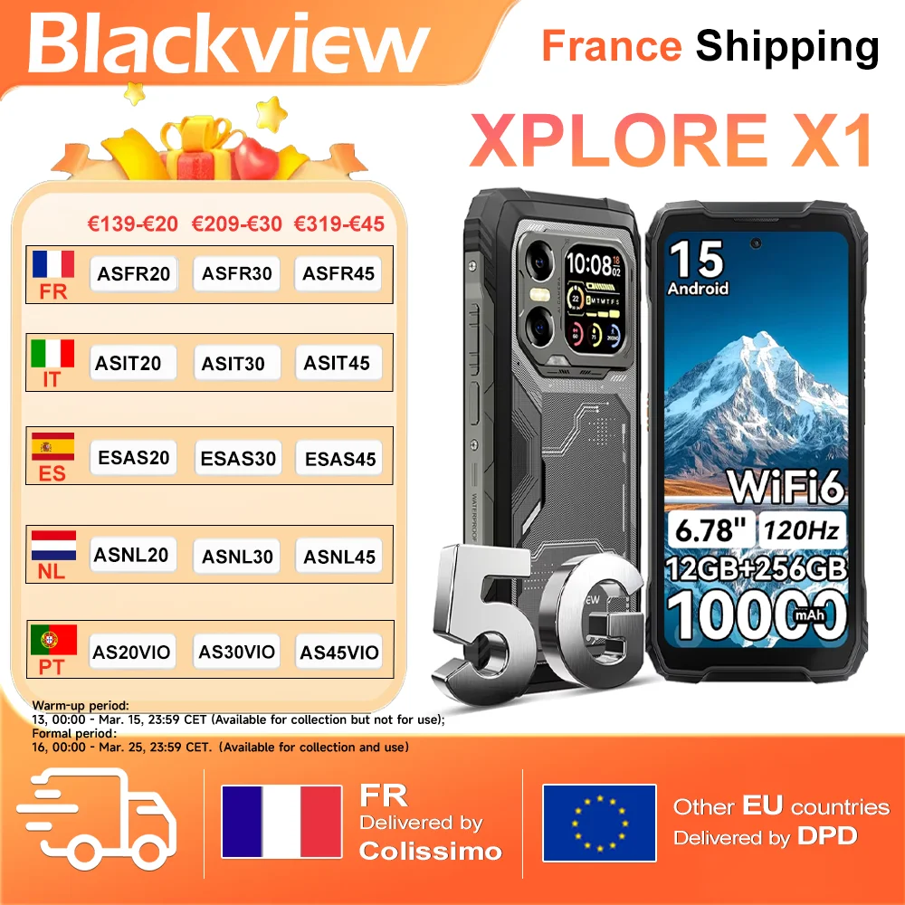 Blackview XPLORE X1 5G AI Smartphone Rugged Haut de Gamme 12GB+256GB 6,78" Android 15 120Hz 10000mAh 55W Caméra Principale 108MP IP68 WiFi6