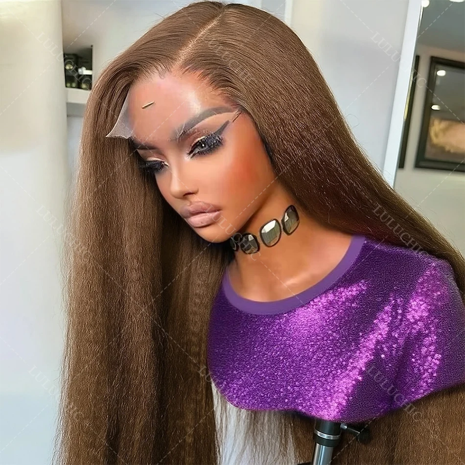 

200% Chocolate Brown Kinky Straight Lace Front Wigs 13x6 Transparent Lace Frontal Wig Pre Plucked Brazilian Remy Human Hair Wigs