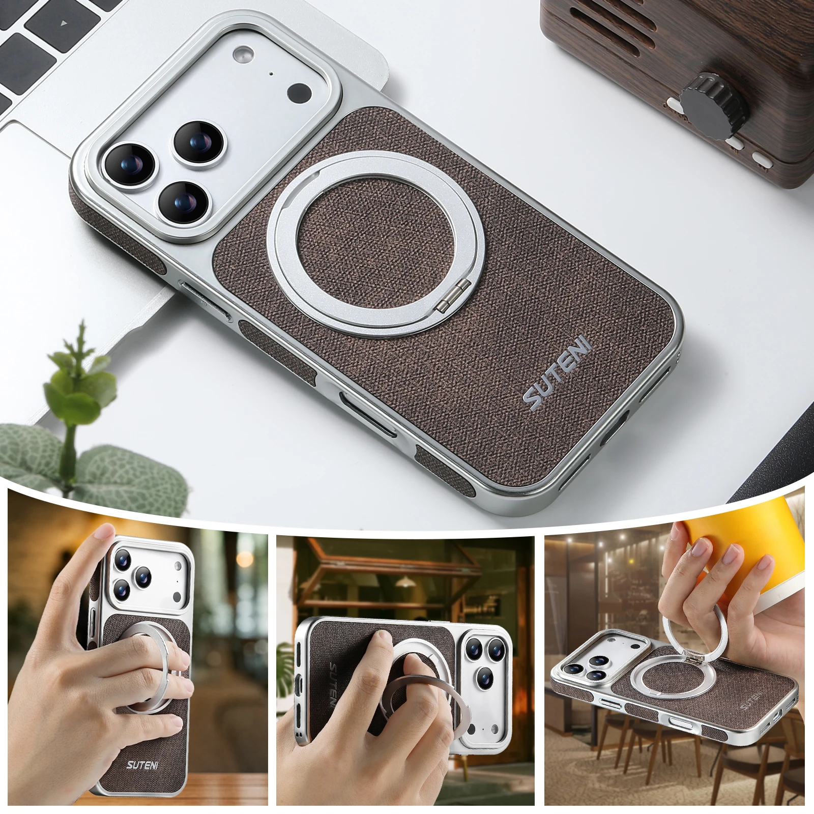 Skórzane etui z magnetycznym uchwytem na telefon do iPhone'a 13 14 15 16 17 Pro Max 360 °   Obrotowa osłona na ładowarkę bezprzewodową Magsafe — zdjęcie produktu 5