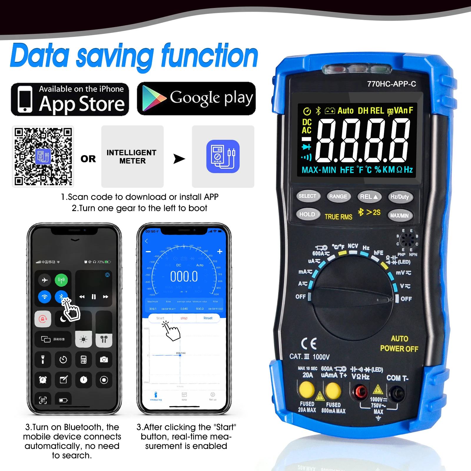 Bluetooth Multimeter with APP, True RMS 6000 Counts, Auto-Ranging for AC/DC Voltage/Current, Temp, Resistance, Capacitance – HVA