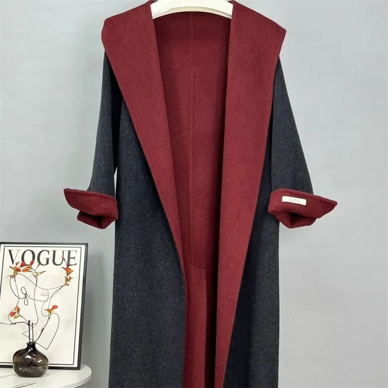 เสื้อโค้ทกันลมผ้าวูลลำลองสำหรับผู้หญิง รุ่นใหม่ ฤดูใบไม้ร่วง ฤดูหนาว ปี 2025 สไตล์เกาหลี ทรงหลวม ความยาวปานกลาง ผ้าวูลสองด้าน