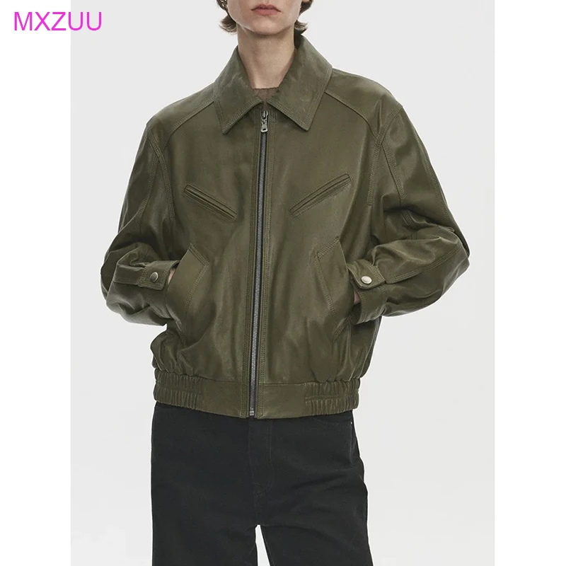 

Куртка из натуральной кожи, женская осенне-зимняя женская простая повседневная армейская зеленая масляная восковая овчина с лацканами на молнии, мотоциклетное короткое пальто
