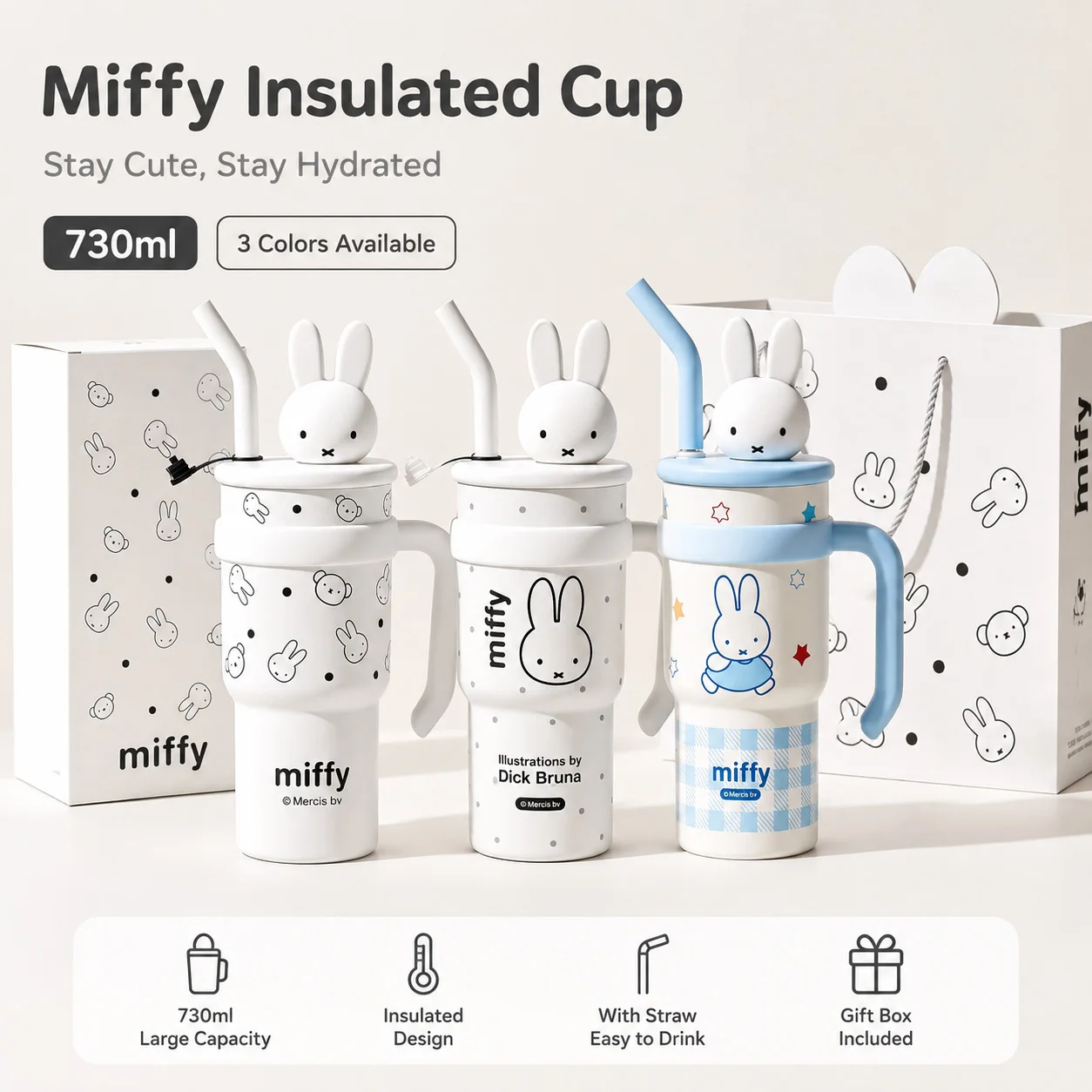 Miffy 730ml Large Capacity Insulated Tumbler With Handle Straw Stainless Steel Thermos Cup Cute Rabbit Leakproof