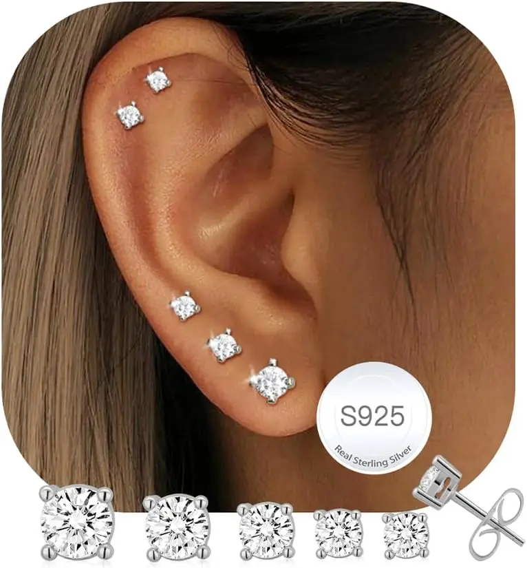 

5 Pairs Sterling Silver Studs Earrings for Women Set Hypoallergenic Gold Studs Earrings Small Silver
