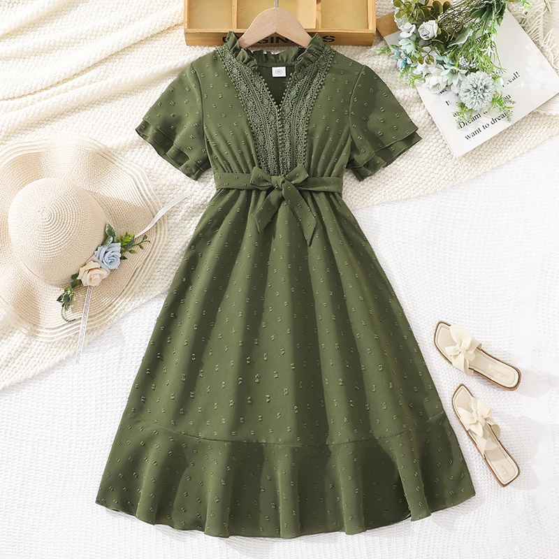 

Зеленое повседневное платье для девочек 8-12 лет, с V-образным вырезом спереди, кружевной отделкой и тканью в горошек, с декоративным поясом, на каждый день