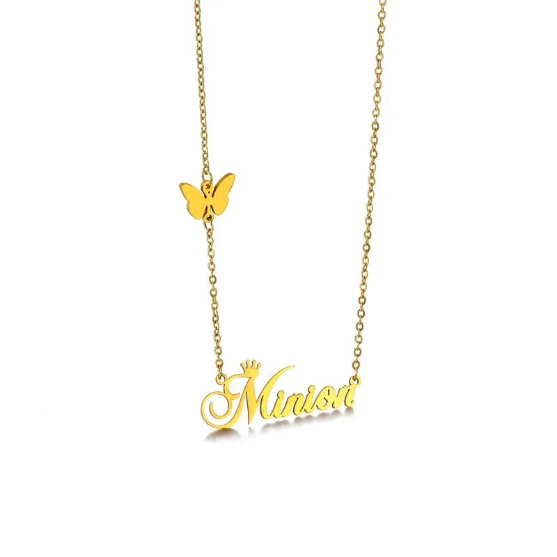 

Stainless Steel Crown Chain Necklace Fashion Gold Silver Jewelry Personalize Name Butterfly Necklace