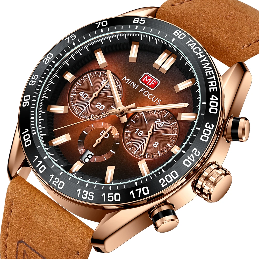 MINI FOCUS Men's Casual Quartz Watch with Genuine Crazy Horse Leather Strap, Classic Stylish Wristwatch
