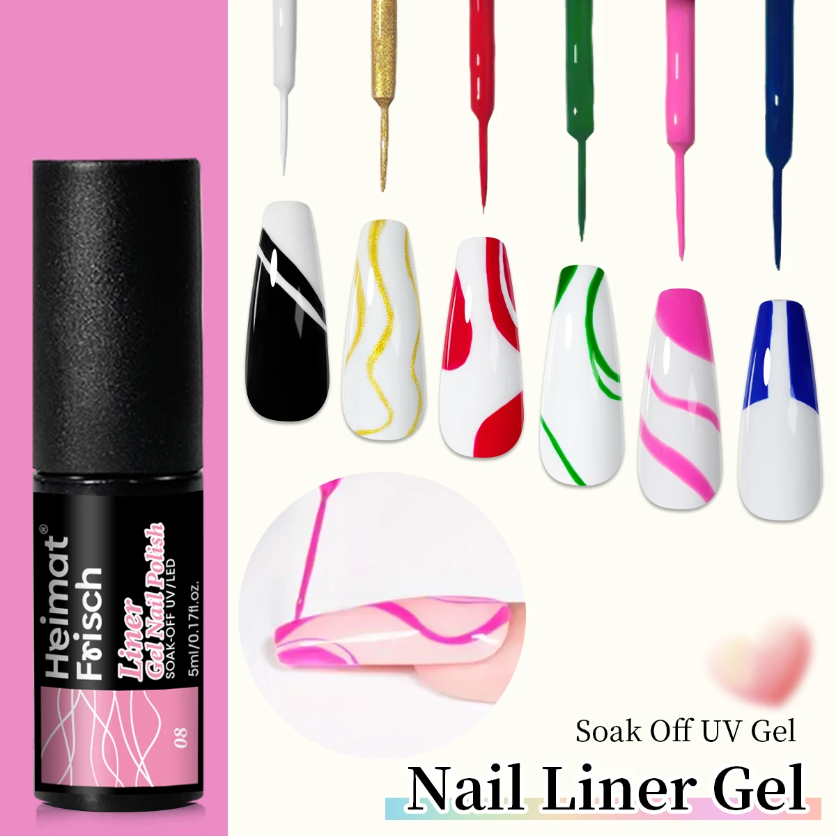 Heimat Frisch Vernis à ongles gel à ligne unique, vernis à ongles gel rayé/deoodle, adapté à toutes les saisons, design rayé,