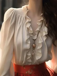 Gagarich Fashion French Style Shirt Women Spring 2024 New Stylish Noble Design Apricot Lace Collar Blouse Top Clothing