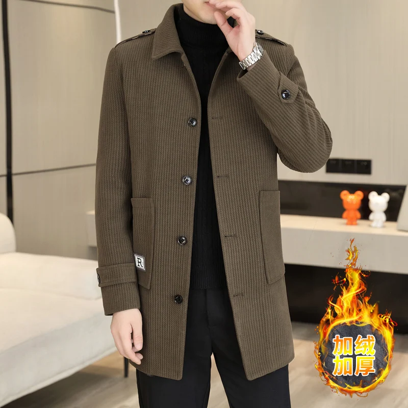 2023 Winter Medium Length Woolen Jacket for Men Plush and Thicken Trench Coat slim Casual Business Social Streetwear Overcoat