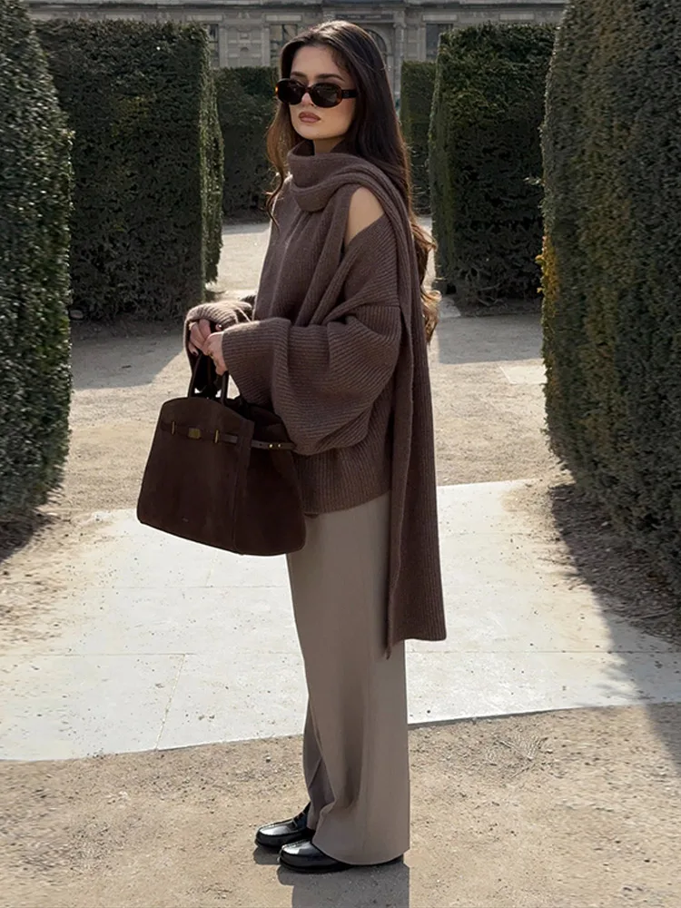 

Women's Sweater Scarf Collar Long Sleeve Oversized Cardigan Warm Autumn Winter Turtleneck Asymmetrical Loose Tops New Outerwears