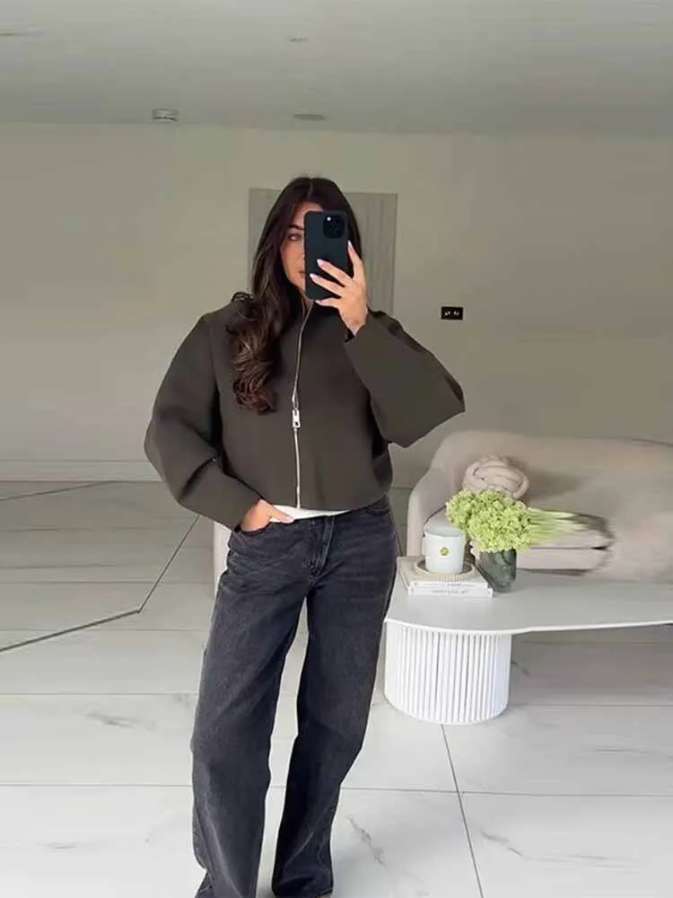 HH Frau Frühling Mode Lange Ärmel Zipper Einfarbig Lose Beiläufige Mantel Weibliche Pendeln Leichte Street Style Kurze Jacke
