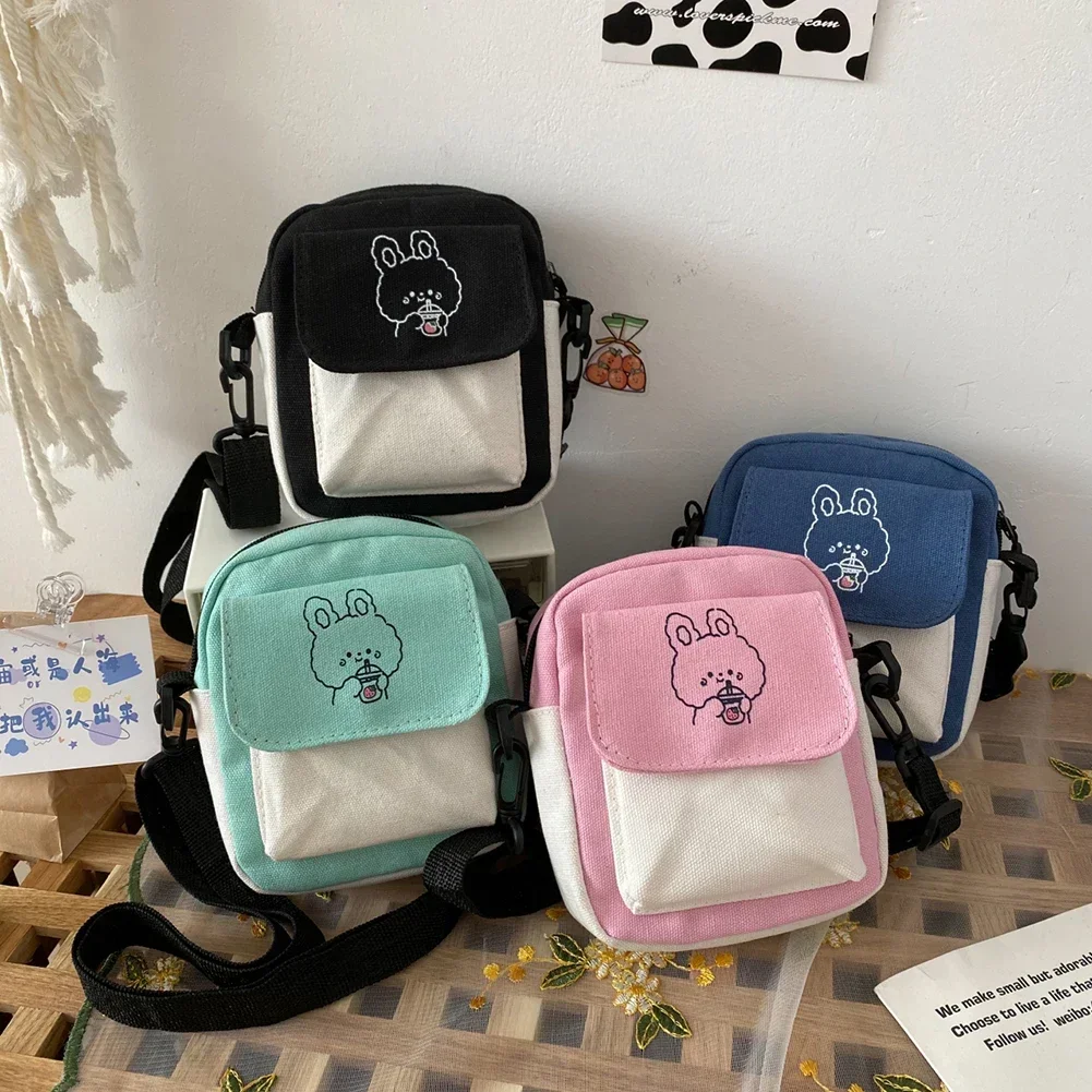 Cartoon Print Mode Vrouwen Schoudertas Schattige Canvas Tas Meisjes Telefoon Tas Patchwork Kleur Crossbody Tas Dames Handtas