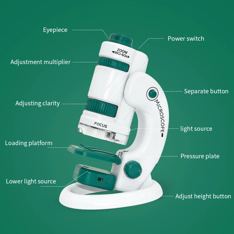 科学顕微鏡玩具,ライト実験キット付き,便利なポケット顕微鏡,子供向け教育ツール,180x