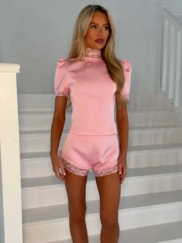 

Female Chic Casual Lace Trim Satin 2 Piece Set 2026 New Soft Short Blouse Pants Elegant Spring High Neck Office Daily Outfits