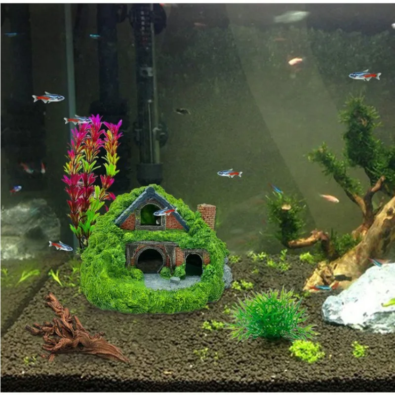 Double-storey hut fish tank landscaping dodge house landscaping fish tank rockery simulation landscaping climbing pet avoidance