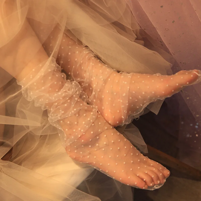 2026 Spring Summer Korean Polka Dot Mesh Slouch Socks, Thin Transparent Tulle Fairy Ladies Hosiery Daily Sweet Skirt Matching