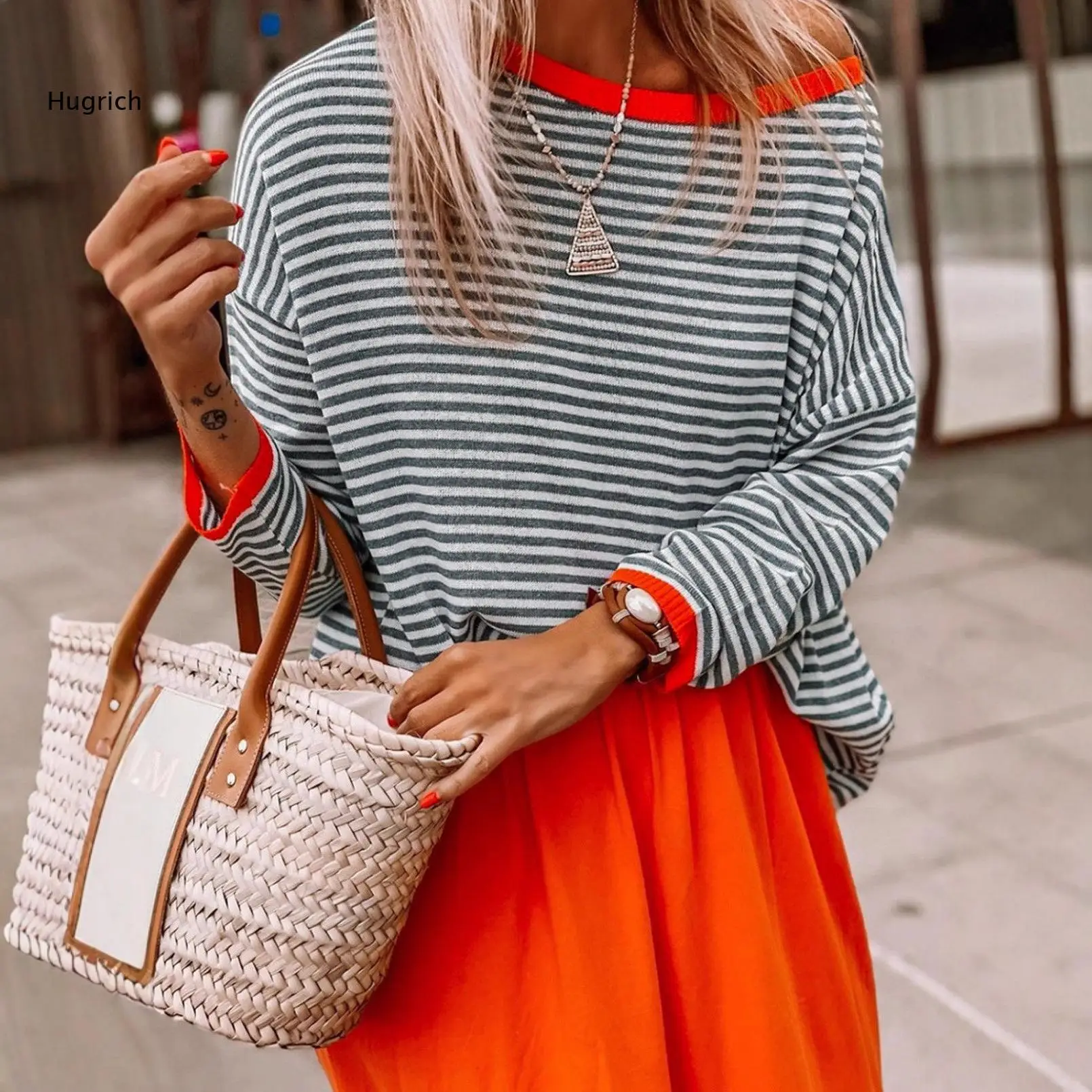 Autumn Women Loose Knit Pullover Boat Neck Long Sleeve Striped Knitwear With Contrast Details For Daily Street Style Looks
