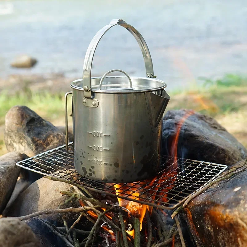 Outdoor Stainless Steel Kettle 1.2L Mountaineering Camping Tea Pot, Portable Hanging Cookware Coffee Picnic Pot