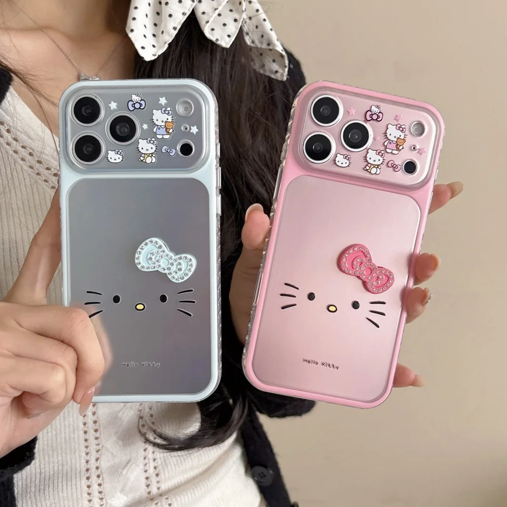 

Cute Blue Pink Laser Bow Sanrio Big Face Hello Kitty Silicone Phone Case For iphone 17 16 15 ProMax Shockproof Bumper Soft Cover