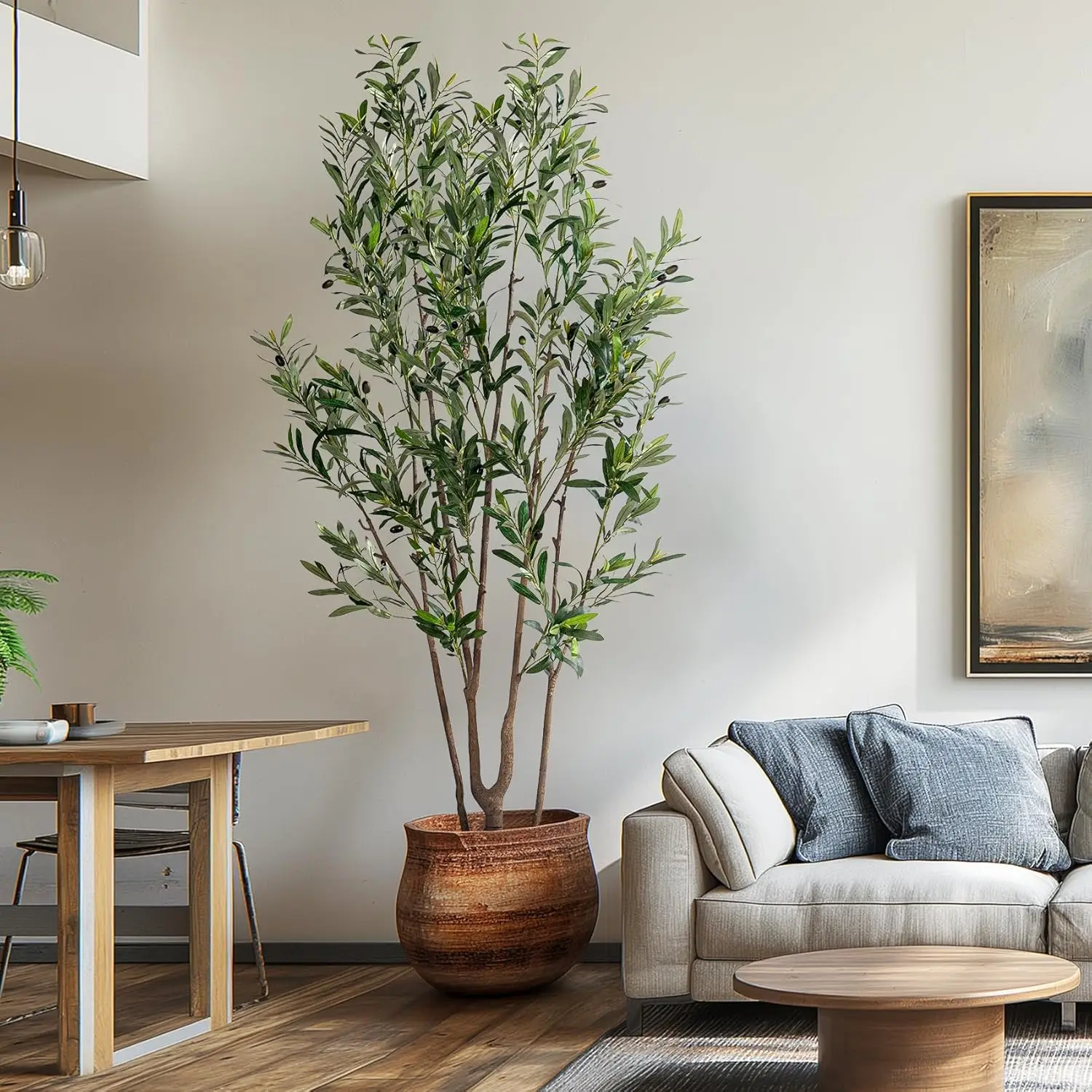 

7FT Artificial Olive Tree Tall Faux Silk Plant Tall Faux Olive Tree with Natural Wood Trunk & Lifelike Fruits Fake Potted