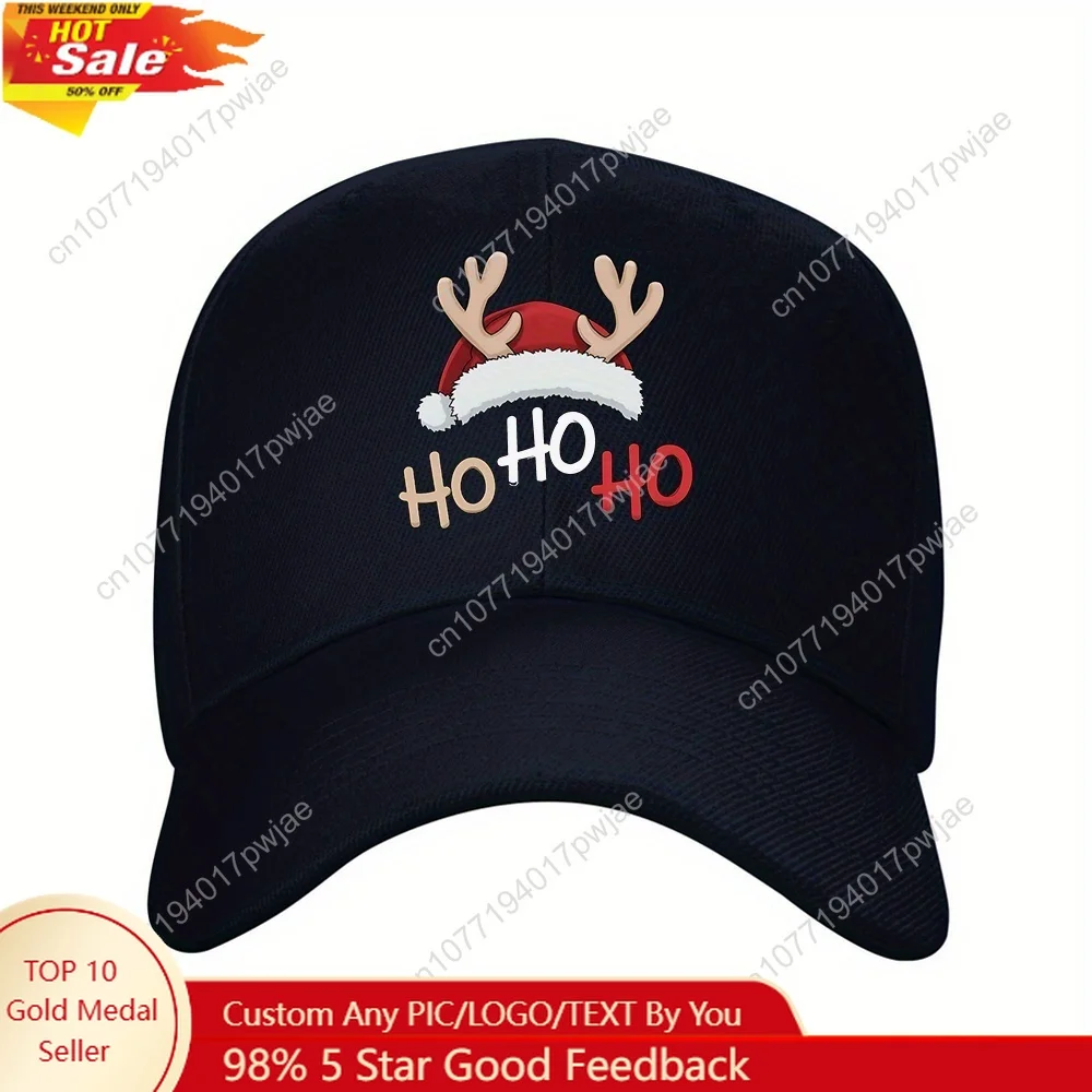 

1pc Christmas Reindeer Baseball Cap with Antlers & "HO HO" Text/Black Santa Hat for Outdoor Travel, Holiday Sports & Winter Acti